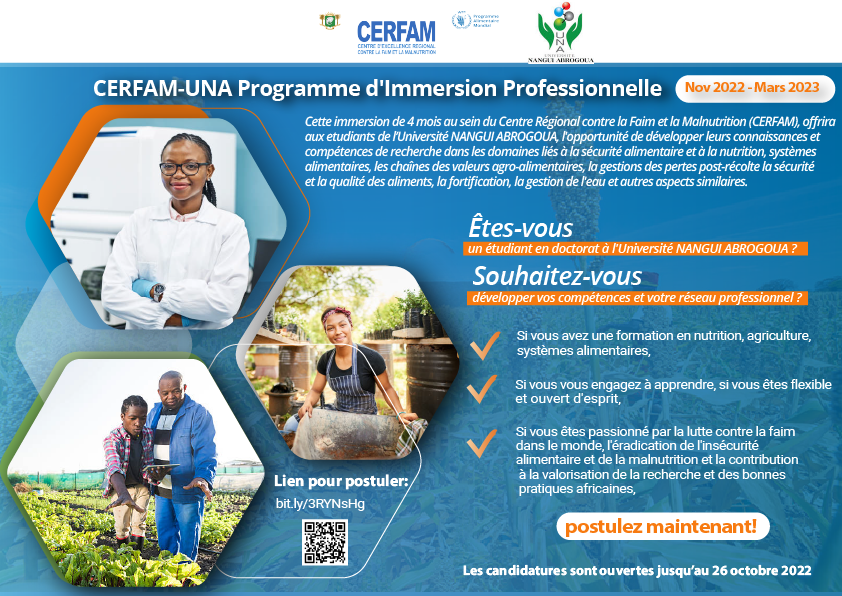 #immersionprofessionnelle

Êtes-vous un étudiant en doctorat à l'Université NANGUI ABROGOUA 🇨🇮? Souhaitez-vous développer vos compétences ? 
Le CERFAM et @univ_na oﬀrent aux étudiants de l’Université une opportunité d'immersion professionnelle.
Postulez 👉bit.ly/3S63Wxd