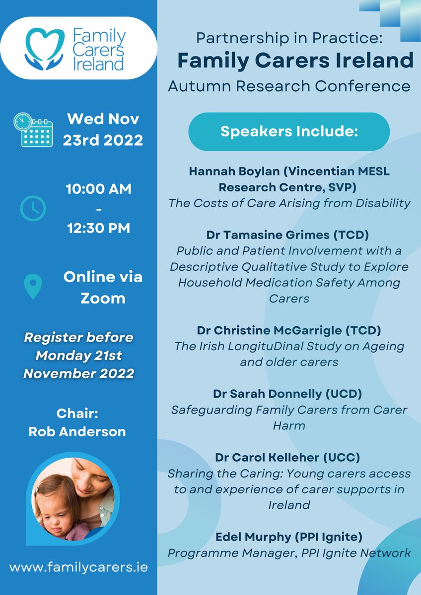 We are delighted to announce details of our Autumn Research Conference on Nov 23rd, where we will present the findings from a range of family care-related research projects we have been involved with over the last year. Register today! familycarers-ie.zoom.us/meeting/regist…