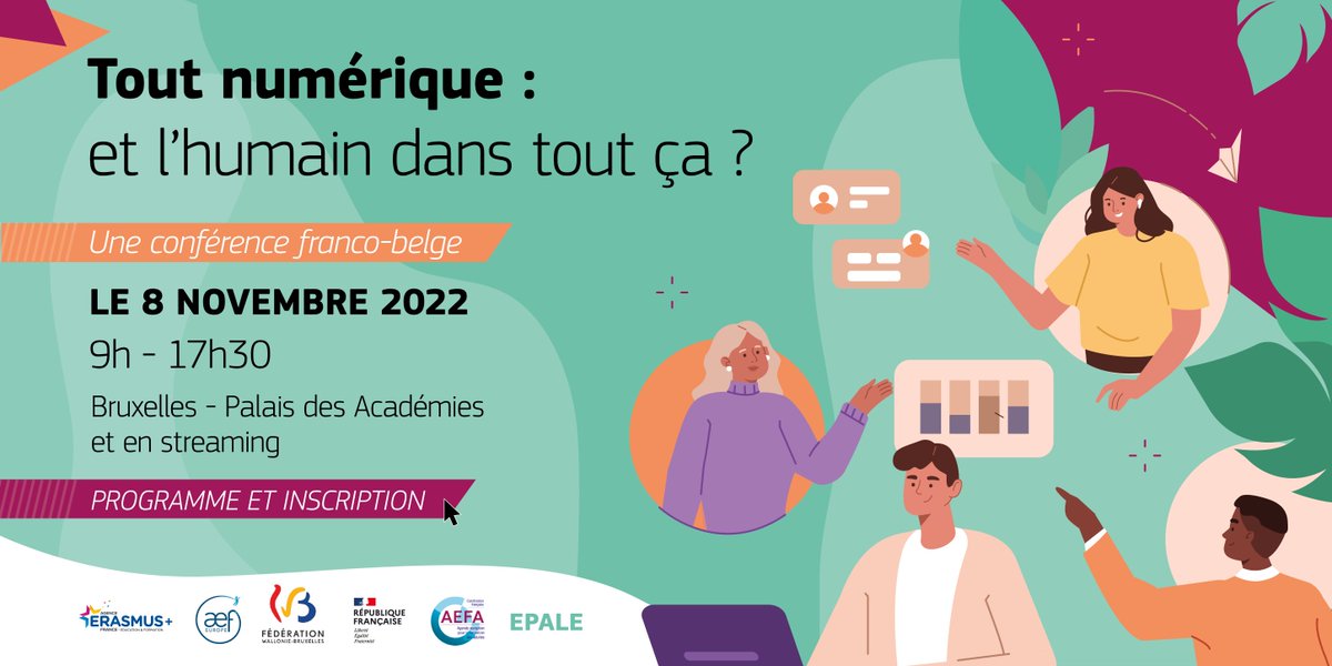 [📆conférence franco-belge : le 8/11]
 Tout #numérique : et l’humain dans tout ça ? Quelles sont les limites de la formation pour adultes ?
🌍Lieu : Bruxelles &amp; streaming
✍ Vous aussi inscrivez-vous : epale.ec.europa.eu/fr/content/tou…
#adultedu #formation #numérique #erasmusplus #europe