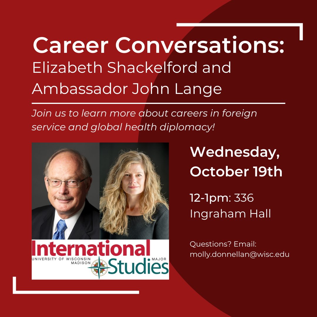 UWInternational's tweet photo. Elizabeth Shackelford and Amb. John Lange answer your career questions on Wednesday at noon! #uwinternational https://t.co/sLmwAHDbuP