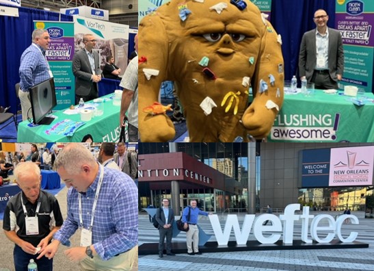 Our SecureFLUSH® Technology team amazed visitors at #WEFTEC2022. Our water bottle demo and our PSA highlighted Nice-Pak’s efforts to ensure responsible care for plumbing and wastewater. @yourturnorr stopped by with FOGGY the Fatberg to remind visitors about smart flushing habits!