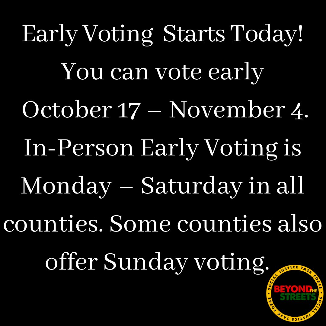 BTSTASKFORCE's tweet photo. ‼️You can vote early October 17 – November 4.‼️
In-Person Early Voting is Monday – Saturday in all counties. Some counties also offer Sunday voting.  

Check your voter status and locations to early more:https://t.co/7dfg29MJJZ
#gavoting#voteearly #blackvotersmatter https://t.co/VnbDLpjdSX