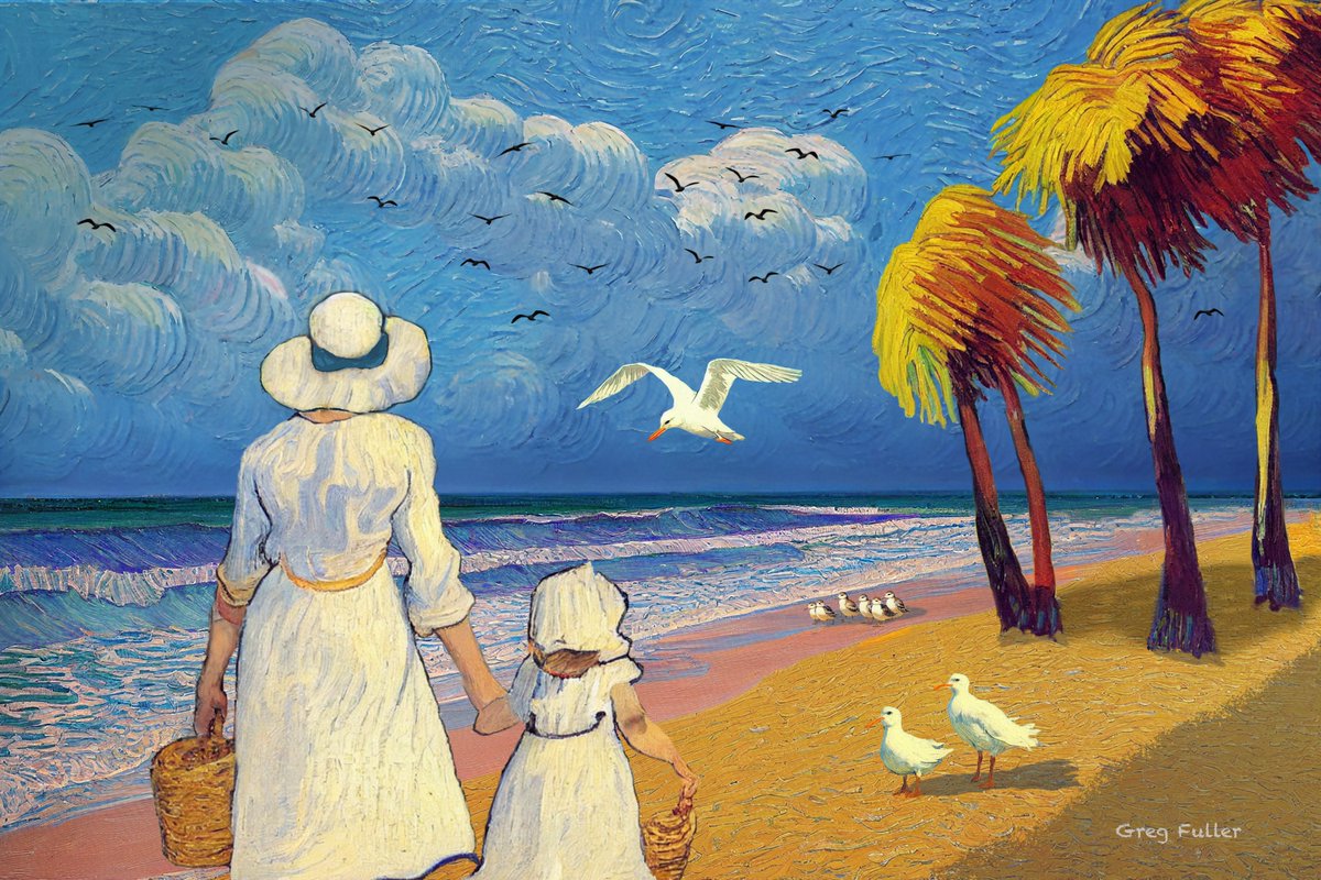 This is my fourth recent work inspired by the post-impressionists. It was challenging for me to create—trying to balance composition, color, edges, texture, and shadows into some kind of harmonious whole that looks nice. The title is simply "Mother and Daughter on the Beach."