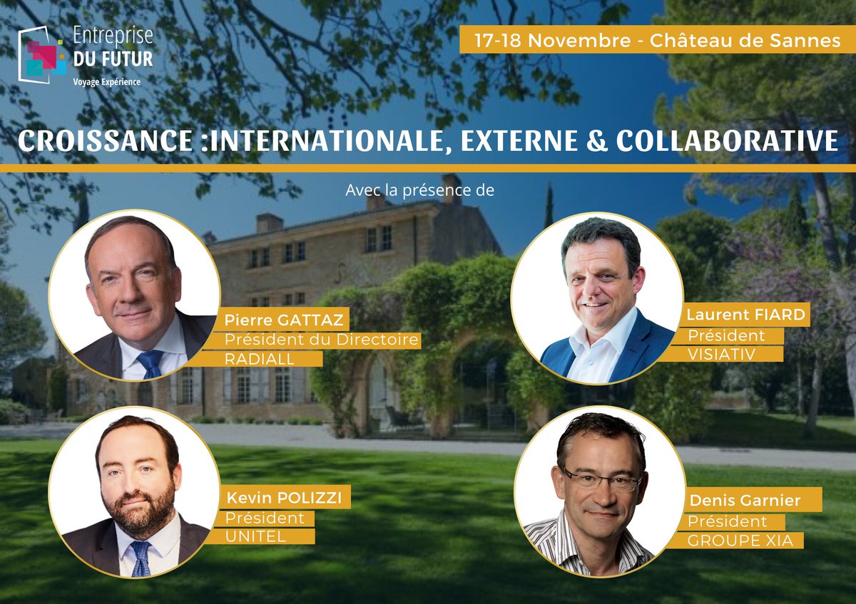 Voyage Expérience <a href="/EDFutur/">Entreprise DU FUTUR</a>
💬Croissance : internationale, externe &amp; collaborative 
🤵🏻Invités d’honneurs : <a href="/PierreGattaz/">Pierre Gattaz</a> &amp; <a href="/KevinPolizzi/">Kevin Polizzi</a>
👨‍💼Témoins : <a href="/LFIARD/">Laurent Fiard</a> &amp; Denis GARNIER 
🕵🏻Experts : Fabrice LOMBARDO / <a href="/JYBillon/">Jean-Yves BILLON</a> &amp; <a href="/LJouhet/">Laurène Jouhet</a> - GEREJE &amp; <a href="/MomentUP_io/">Moment Up</a>
ℹ️ : hubs.li/Q01pW8h-0