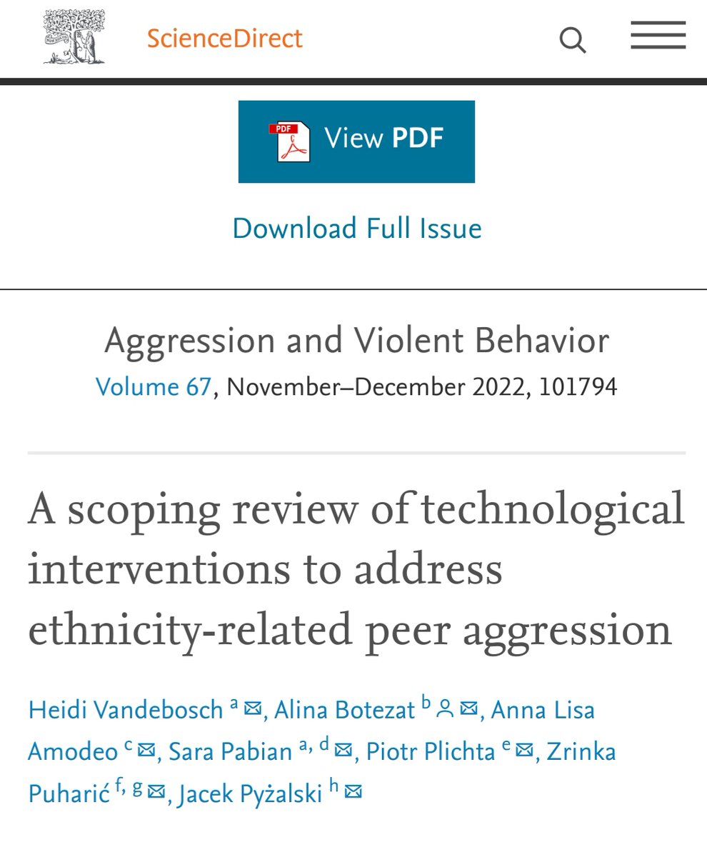 Alina_Botezat's tweet photo. Happy to announce that our paper, "A scoping review of technological interventions to address ethnicity-related peer aggression", is published in the Aggression and Violent Behavior, A Review Journal: 
https://t.co/2Yn8vH3lSL
#tribesproject https://t.co/FIETDsysG8