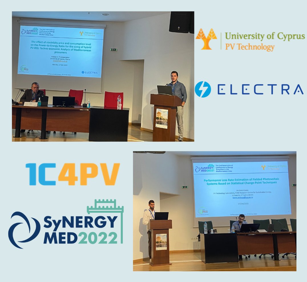 PHAETHONCoE's tweet photo. Our latest #news: Nikolas Chatzigeorgiou &amp; Dr. Andreas Livera of our team, just delivered their oral presentations at the #SYNERGYMED2022 Conference, in Thessaloniki, Greece on research advancements of the ELECTRA and 1C4PV projects, respectively. More:  https://t.co/TGJ08Ix3mY https://t.co/EfRgmUufvI