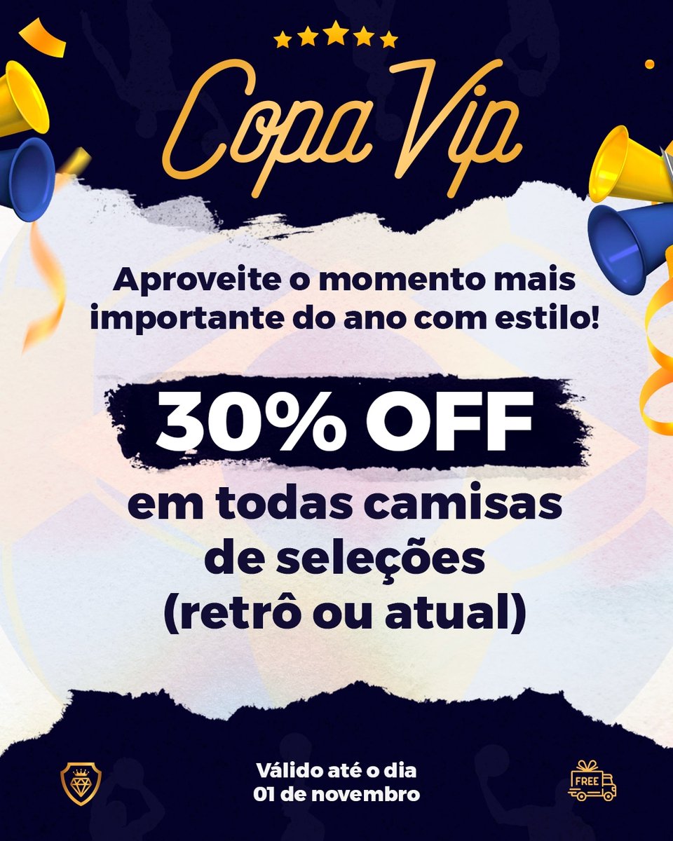 VIPDiamondSpor1's tweet photo. Para comemorar nossa volta a todo vapor e também lembrar que tá chegando a época de Copa do Mundo, nada mais justo que uma promoção.

Até dia 01/11 você terá 30% de desconto em camisa de qualquer seleção (seja ela atual ou não).

Não perde essa oportunidade! https://t.co/8iolMhwWTp