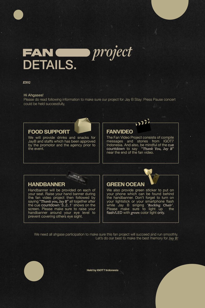 GOT7_IIU's tweet image. [📢] IGOT7 Indonesia Proudly Present 2022 World Tour Jay B Stay: Press Pause, Jakarta Fan Project!

Please do read following information to make sure our fan projects could succeed.

We need your big participation to makes this fan projects run smoothly!
See you at the venue💚