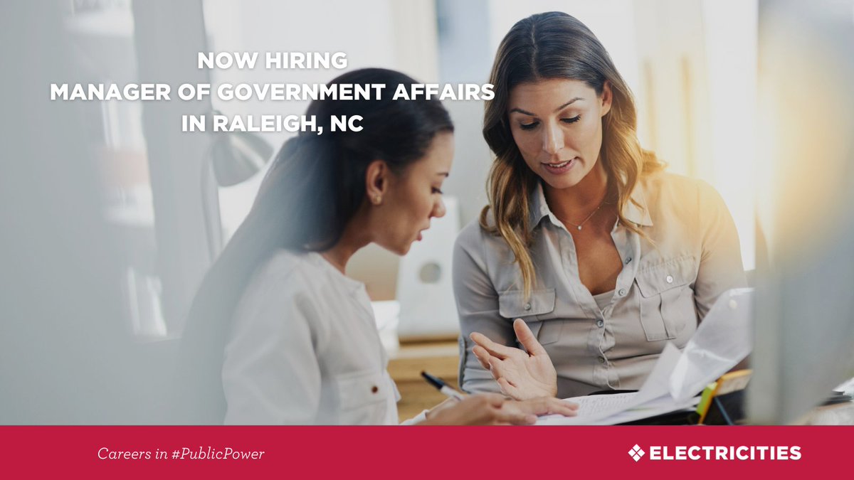 ElectriCitiesNC's tweet photo. #NowHiring for a Manager of Government Affairs to join our team in Raleigh, N.C.⚡️
This position is crucial to the #advocacy of ElectriCities’ legislative &amp; regulatory priorities that impact #NCPublicPower customers &amp; local communities. 
#ApplyNow!
https://t.co/S1o3NqztoM https://t.co/Um4e6hxbFU