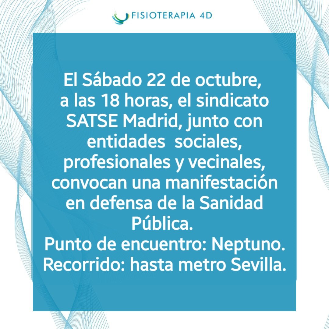 El sábado 22 de octubre, a las 18 horas, el sindicato SATSE Madrid, junto con entidades sociales, profesionales y vecinales, convocan una manifestación  en defensa de la Sanidad Pública.
Punto de Encuentro: Neptuno.
Recorrido: hasta metro Sevilla.
#manifestacion #SanidadPublica
