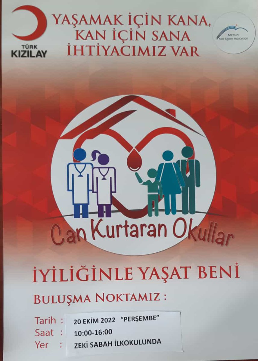 Can kurtaran okul olma yolunda YASAMAK İCİN KANA, KAN İCİN SANA İHTİYACİMİZ VAR! 20 Ekim 2022 persembe günü ZEKİ SABAH İLKOKULUNDA.Desteklerinizi bekliyoruz.. <a href="/MersinMEM/">Mersin İl Millî Eğitim Müdürlüğü</a> <a href="/AdemKoca46/">Adem Koca</a> <a href="/AkdenizilceMem/">Akdeniz İlçe Milli Eğitim Müdürlüğü</a> <a href="/AdemSimsek33/">Adem ŞİMŞEK</a> <a href="/KanverOrg/">Türk Kızılay Kan Hizmetleri</a> <a href="/Kizilay/">Türk Kızılay</a>
