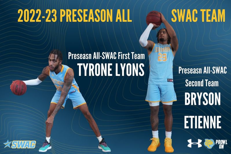 JaguarHoops's tweet photo. Congratulations to our very own, Tyrone Lyons (@TyLyons35) and Bryson Etienne (@Almightybeee24) for being named to the All-SWAC Preseason Team. 

#SouthernIsTheStandard #ProwlOn #GoJags #WeAreSouthern #UnFinishedBusiness #Family https://t.co/9xDklDU8rw