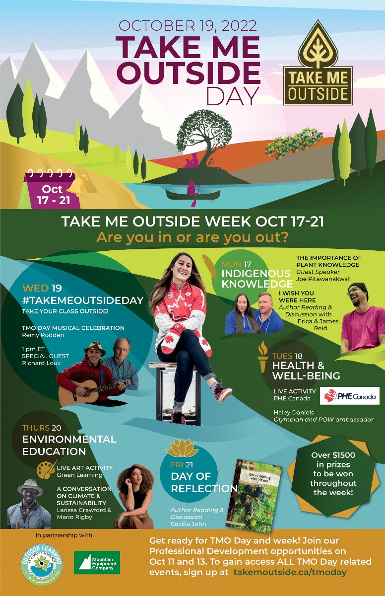 STARTS TODAY! Join educators across the continent Oct 17th-21st for an entire week of events, activities, featured speakers, and awesome prizes! #TakeMeOutsideDay #TMODay #OutdoorLearning #imaginED #walkingcurriculum Learn more and register: takemeoutside.ca/tmoday/