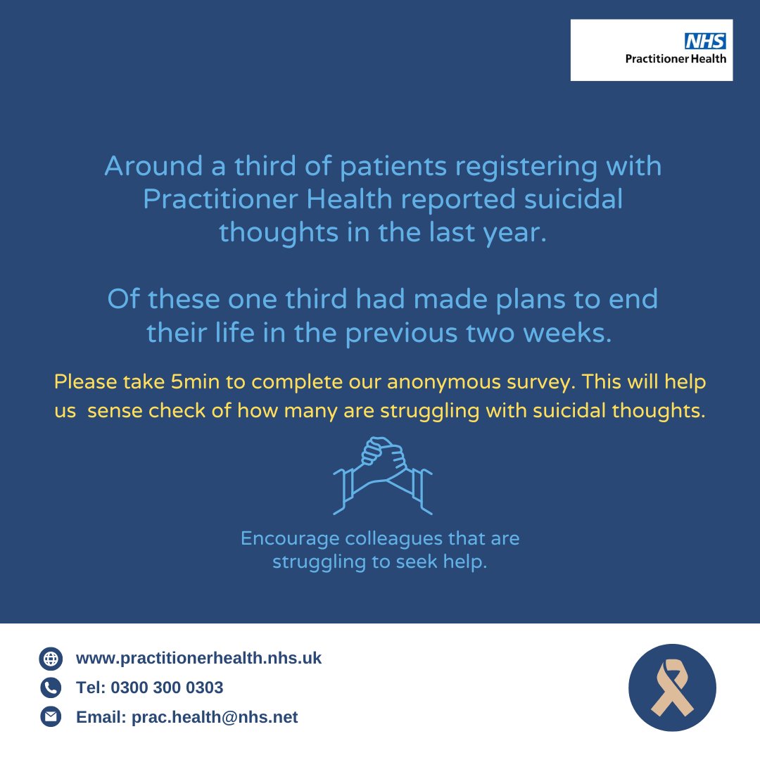 nhsprachealth's tweet photo. Trigger Warning 
We need your help to take a sense check of how many are struggling with suicidal thoughts.
Help us by completing our short survey – all responses are anonymous. Results will be discussed mid-November.

Please click link here - https://t.co/wnruwY4KM9 https://t.co/nUEwLfCGmq