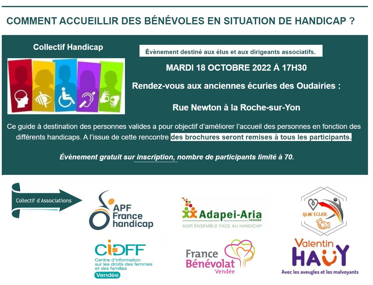 FrBenevolat85's tweet photo. Le collectif d'associations « HANDICAP ENGAGEME 
NT » présente : 
Comment accueillir des bénévoles en situation de handicap. Inscription: https://t.co/GqZGB5ODJy https://t.co/4ibh50RDtm