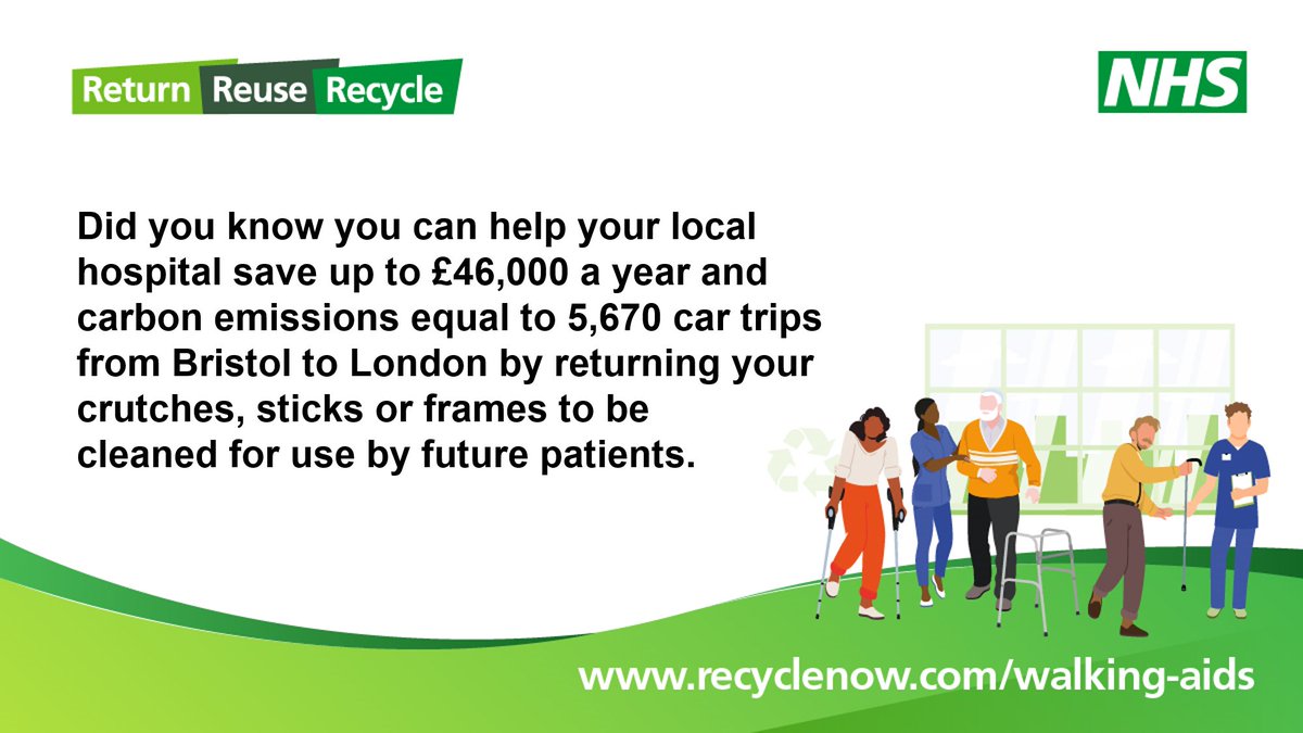🩼 Do you have crutches or walking sticks you don't need? 

Return these items so they can be checked, cleaned, refurbished - and where possible - used by another patient. 

Find your nearest drop off point: recyclenow.com/recycle-an-ite….

#NationalRecycleWeek
