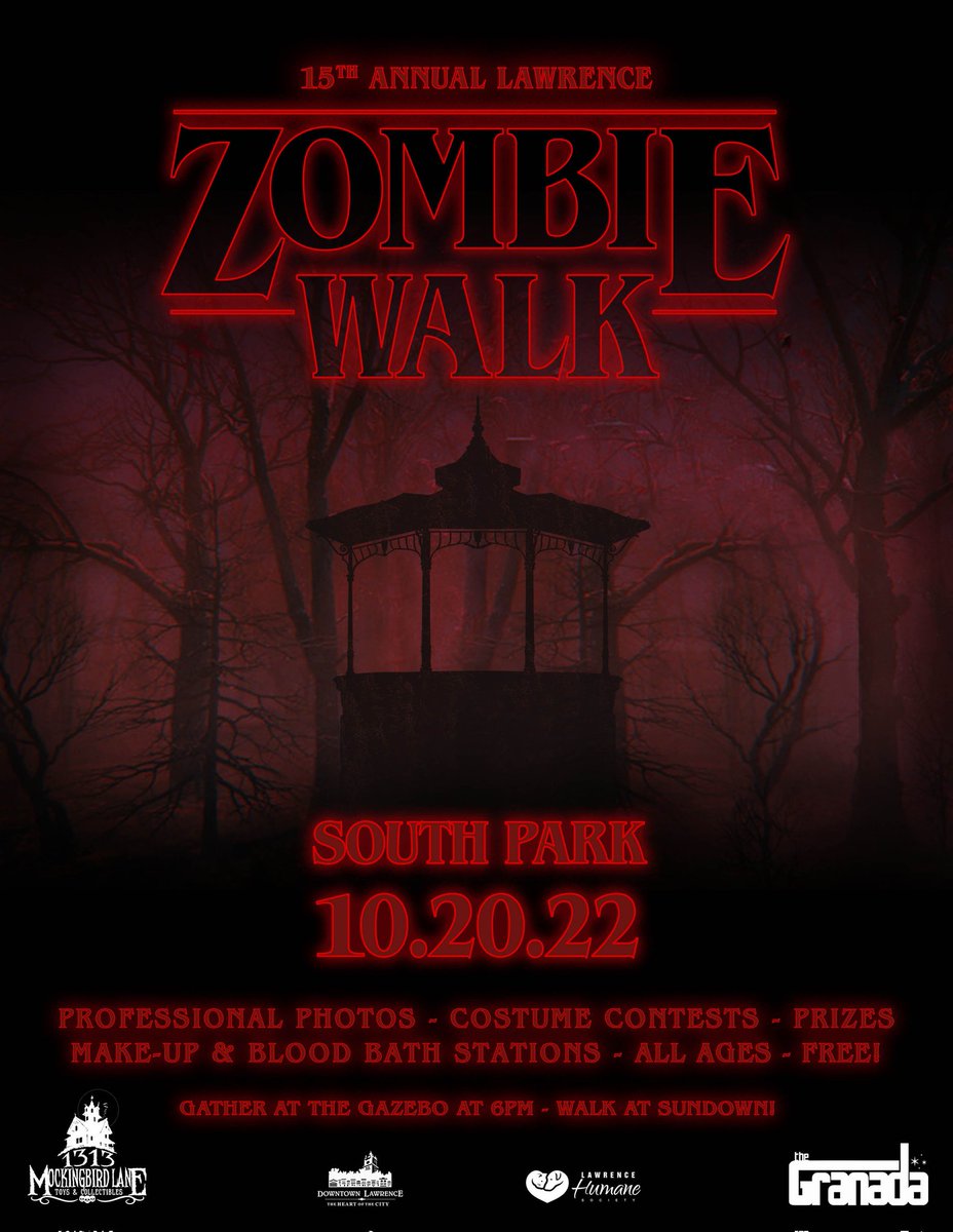 The 15th Annual Lawrence Zombie Walk is this Thursday! As always, it's free &amp; all ages. We will be accepting donations for <a href="/lawrencehumane/">Lawrence Humane</a> and will have adoptable kittens stopping by to say hello. ☺️ There will be a costume contest, photo ops and blood bath &amp; make-up stations.