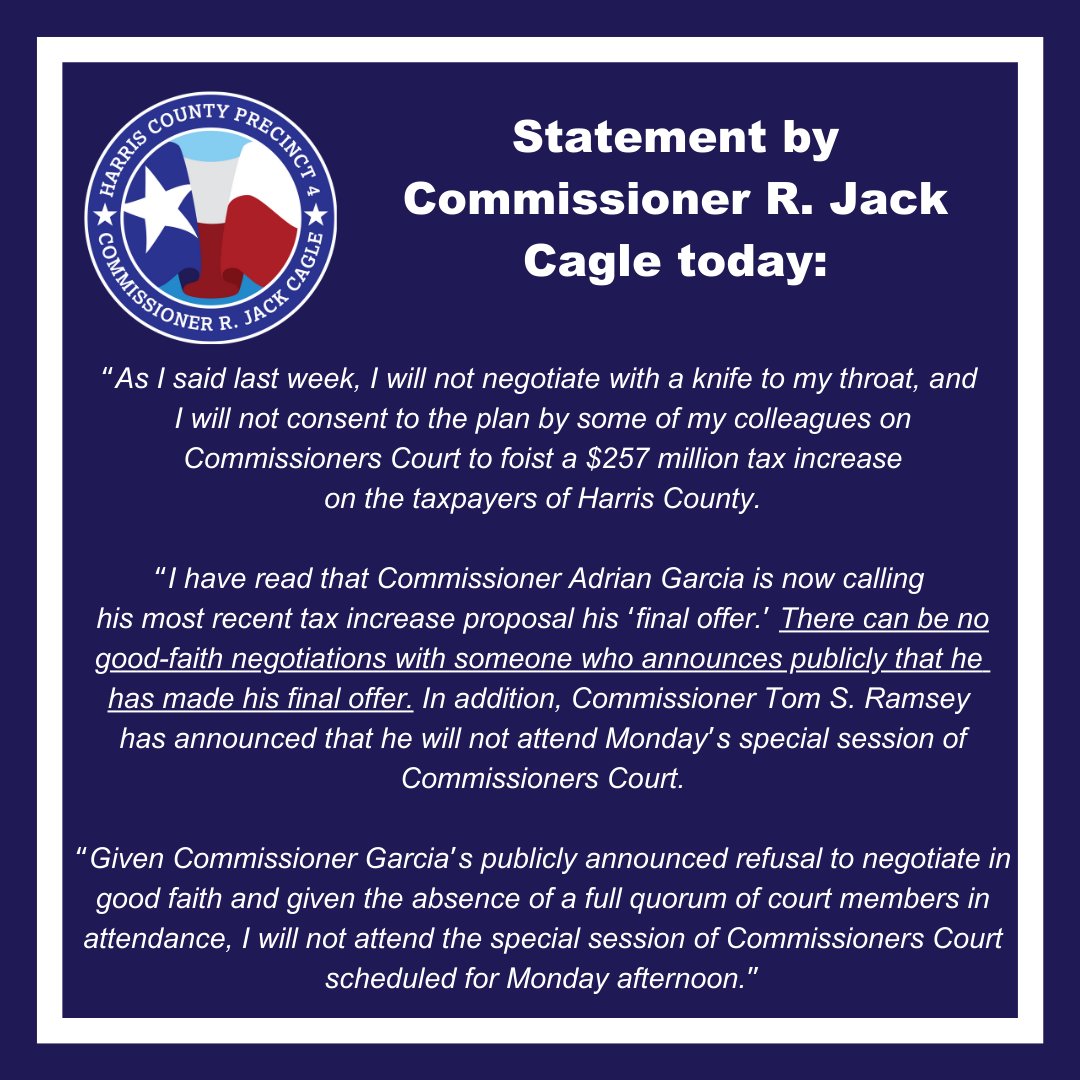 HCPrecinct4's tweet photo. Statement from Commissioner R. Jack Cagle on why he will not attend today's special session of Commissioners Court. https://t.co/SxMqUYUv8a