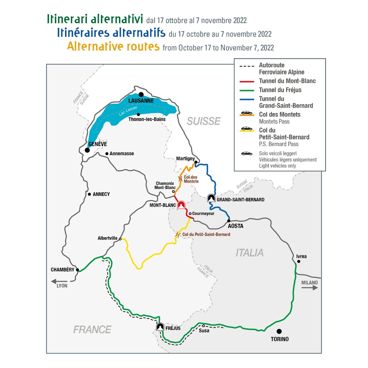 #Mobilité : les itinéraires alternatifs vers l'Italie durant la #fermeture du #TunnelduMontBlanc.

🚗 Pour les véhicules légers :
- le Tunnel du Fréjus
- le Tunnel du Grand Saint-Bernard
- le Col du Petit-Saint-Bernard

🚚 Pour les poids lourds : privilégier le Tunnel du Fréjus