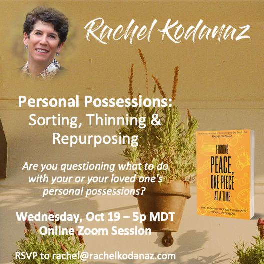 RachelKodanaz's tweet photo. Just a quick reminder 🕔  Join me via Zoom on Wednesday, October 19 at 5p MDT to learn more about what belongings to keep, what to donate and what to share with others. I look forward to seeing you! RSVP to rachel@rachelkodanaz.com  #getorganized #downsizing https://t.co/8FaqzJryR3