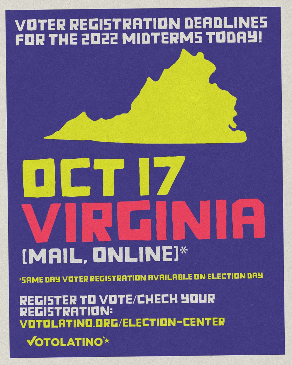 Voto Latino (@votolatino) on Twitter photo 🚨TODAY is the voter registration deadline for VIRGINIA*!
🗳️To register to vote — or check your registration — go to votolatino.org/election-center
☎️If you have questions or concerns, hit up our friends <a href="/866OURVOTE/">Election Protection</a> 🚨TODAY is the voter registration deadline for VIRGINIA*!
🗳️To register to vote — or check your registration — go to votolatino.org/election-center
☎️If you have questions or concerns, hit up our friends <a href="/866OURVOTE/">Election Protection</a>