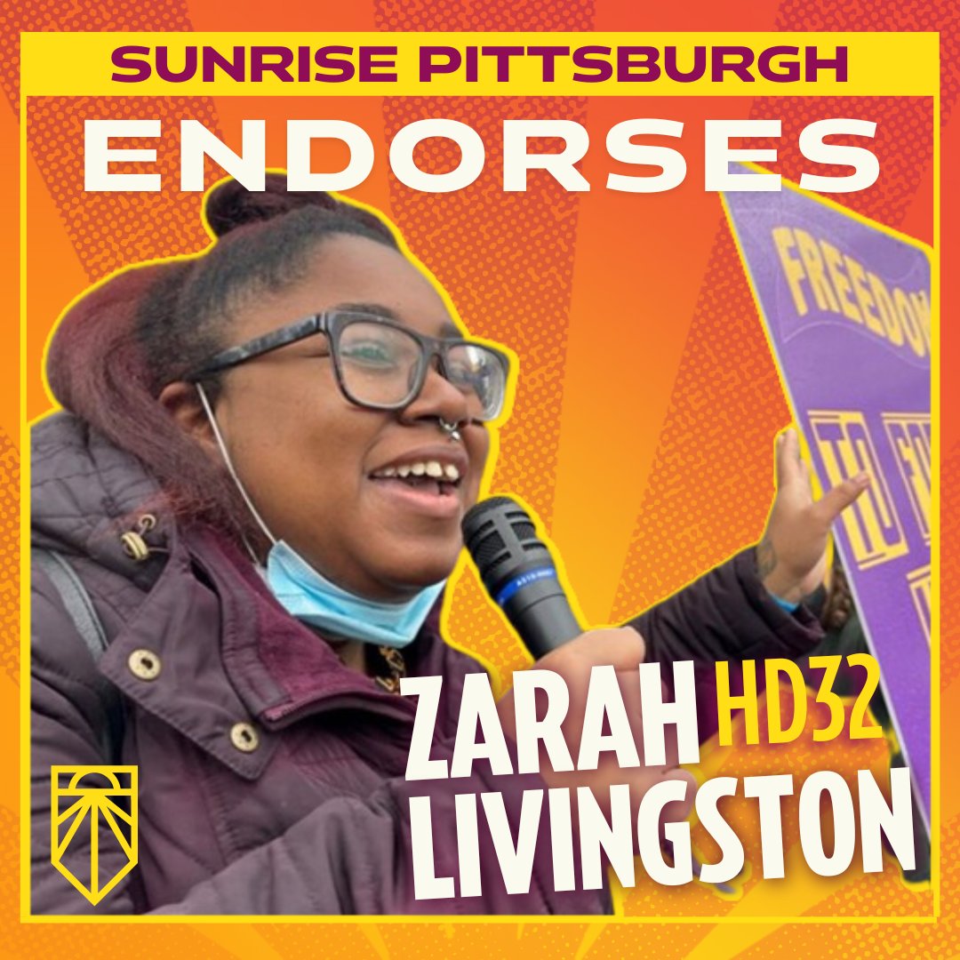 sunrisemvmtpgh's tweet photo. Sunrise Pittsburgh is proud to endorse Queonia “Zarah” Livingston for State House District 32! Livingston is a healthcare worker &amp; community organizer who shares Sunrise's vision for a more just, livable future. We can't wait to see her fight for us in Harrisburg! @ZarahForPA32 https://t.co/psPZDhHcTa