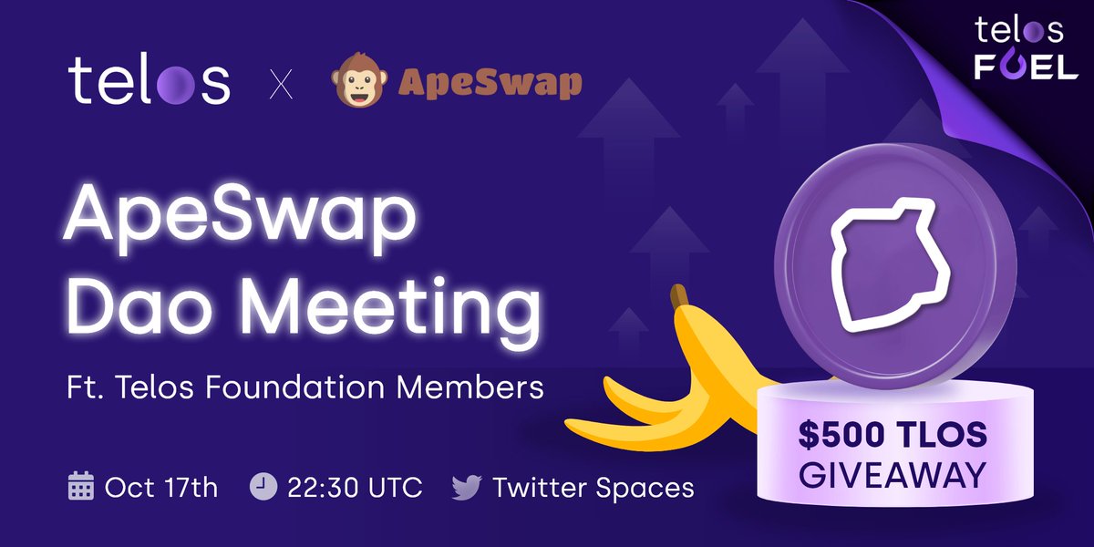 On today's #TwitterSpaces, we're joining the <a href="/ape_swap/">ApeSwap (old handle)</a> #DAOMeeting - and you're invited!

Join the conversation to learn more about our recently announced partnership and what's coming. Oh, and there's $500 TLOS up for grabs!🤑

🗓️ Oct 17th
⏰ 22:30 UTC
📍 x.com/i/spaces/1BRJj…