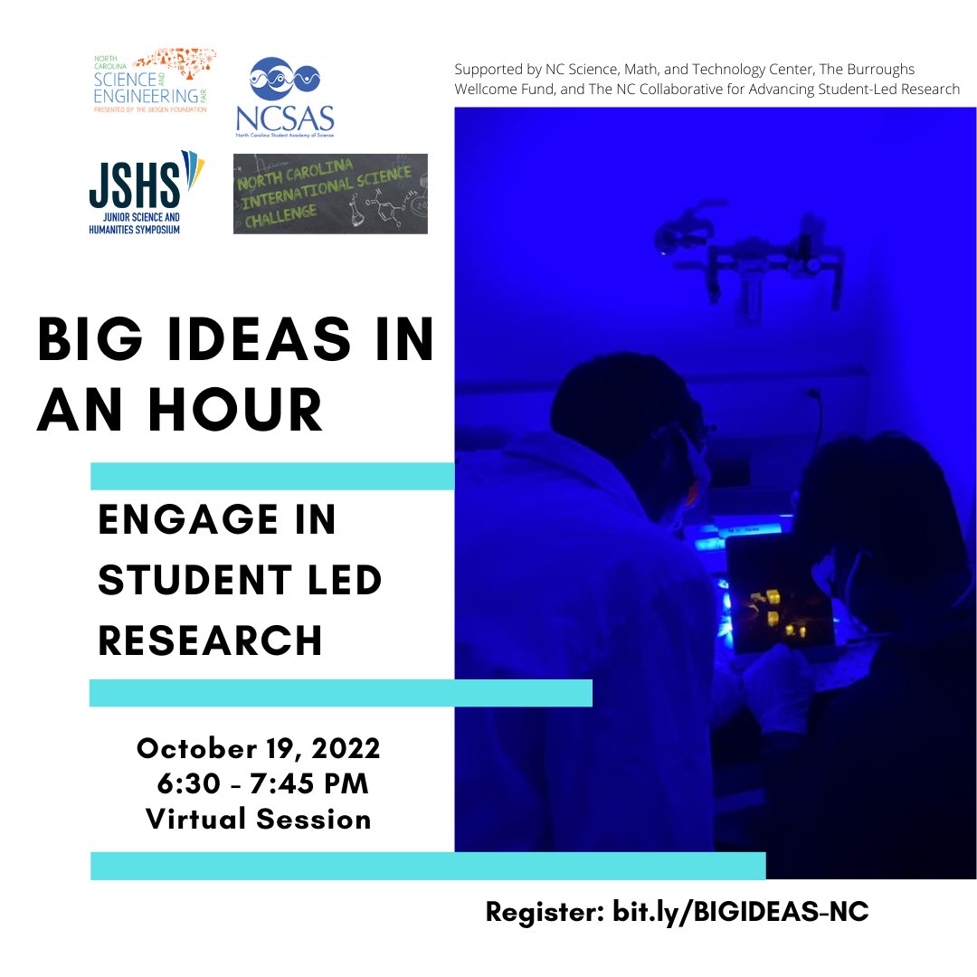 Join NCSSM and other collaborators for a virtual session on student-led STEM research opportunities in NC on October 19th! 7th-12th grade students and educators are welcome to this free workshop- you just have to register by going to this link! 
bit.ly/BIGIDEAS-NC