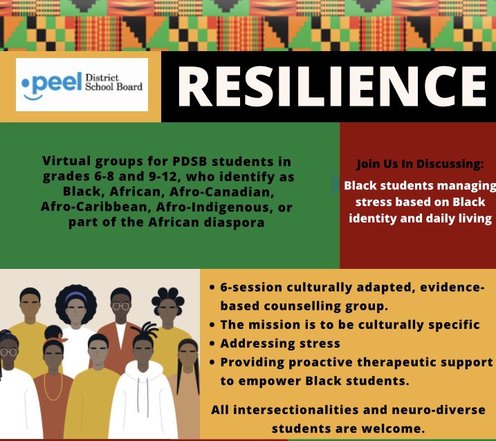 MHRTPeel's tweet photo. 📣 Join us! Space is still available in our online Resilience counselling groups for gr. 6-8 &amp; gr. 9-12 (both run Wednesdays @ 4pm) Register here: https://t.co/dmAiq3s3T3 https://t.co/R8jEb6J4RD