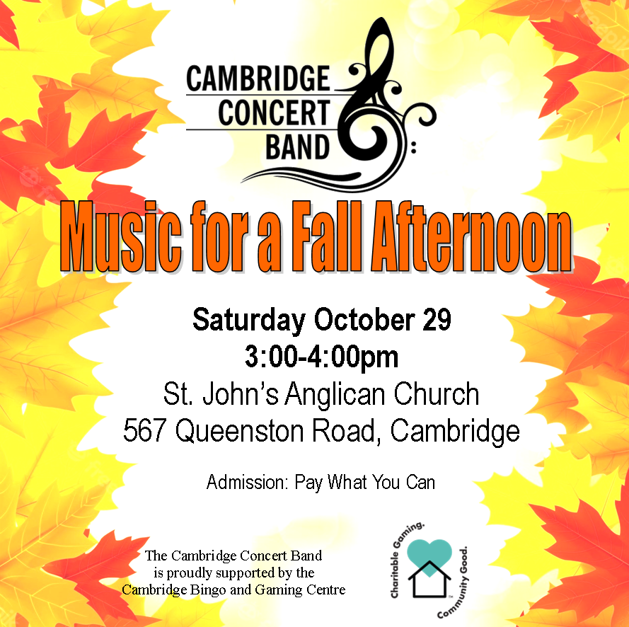 CambConcertBand's tweet photo. Join us on SATURDAY 29th October at 3pm for a entertaining concert of varied fall music. We look forward to seeing you. https://t.co/jAUXP9sp70