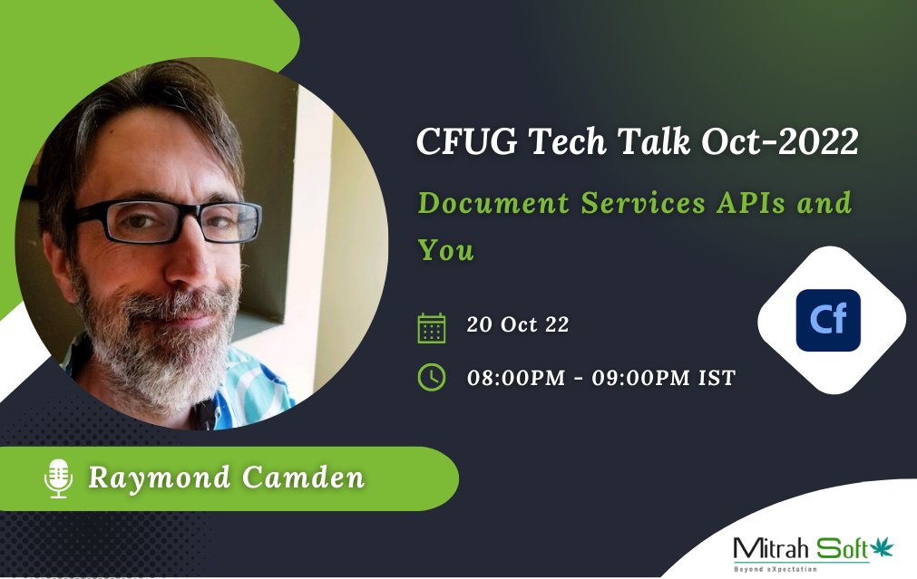 MitrahSoft's tweet photo. Come and Join us for our Virtual Tech Talk! 

Let's Join us for "Document Services APIs and You" on October 20, 2022, Thursday at 8:00 PM by @raymondcamden 

https://t.co/lNHSlxeqoM

#coldfusion #cfml #cfug #online #techtalk #coldfusionusergroup #coldfusiondeveloper #mitrahsoft https://t.co/xDA8bvpelc