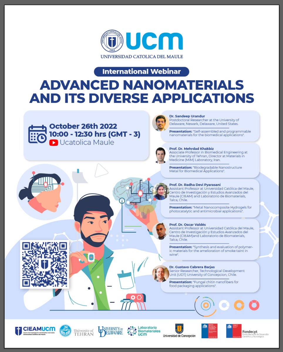 We welcome everyone to the first International Webinar with the theme "ADVANCED NANOMATERIALS AND ITS DIVERSE APPLICATIONS ". to be held on 26 Oct from 10-12.30(GMT-3), live on the youtube channel of the UCM events find the QR on the flyer👇🏾. Please make sure to save the date.