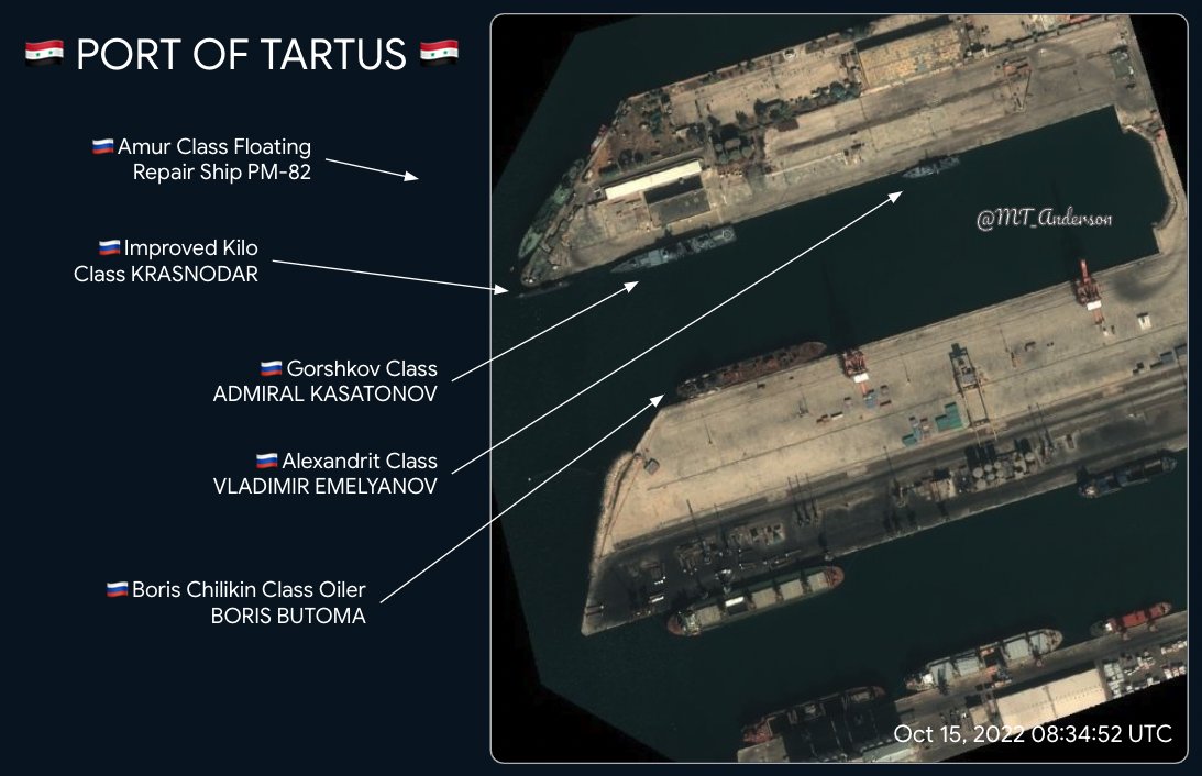 MT_Anderson's tweet photo. 🇷🇺RUSSIAN NAVY - MEDITERRANEAN🇷🇺
High res📸from Oct 15. Ships in the port of 🇸🇾TARTUS include:
ADMIRAL KASATONOV (GORSHKOV)
KRASNODAR (IMPROVED KILO)
VLADIMIR EMELYANOV (ALEXANDRIT)
BORIS BUTOMA (OILER)
PM-82 (REPAIR SHIP)
@CovertShores @The_Lookout_N @KaptainLOMA  @GrangerE04117 https://t.co/IH7dMbxZ1S