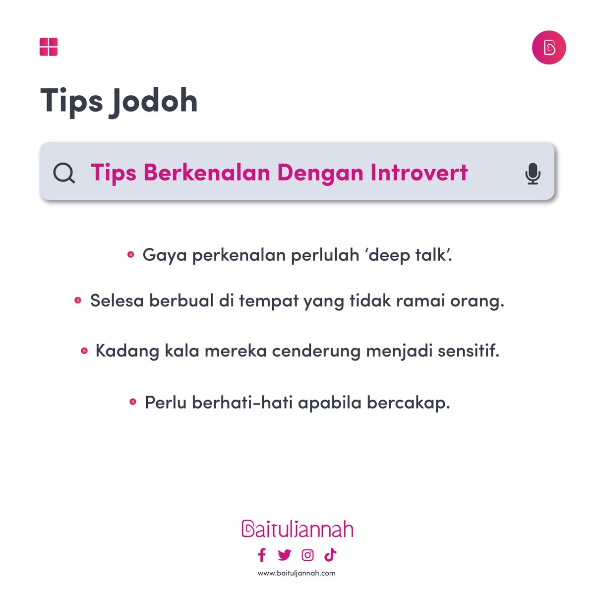 baituljannah_MY's tweet photo. #Tipsjodoh
Pernah tak awak berkenalan dengan seseorang yang introvert. Ini bagaimana tips untuk mendekati seseorang yang mempunyai sifat Introvert.
Usaha cari jodoh di https://t.co/YvVzlKPqIs https://t.co/s1WULVec11