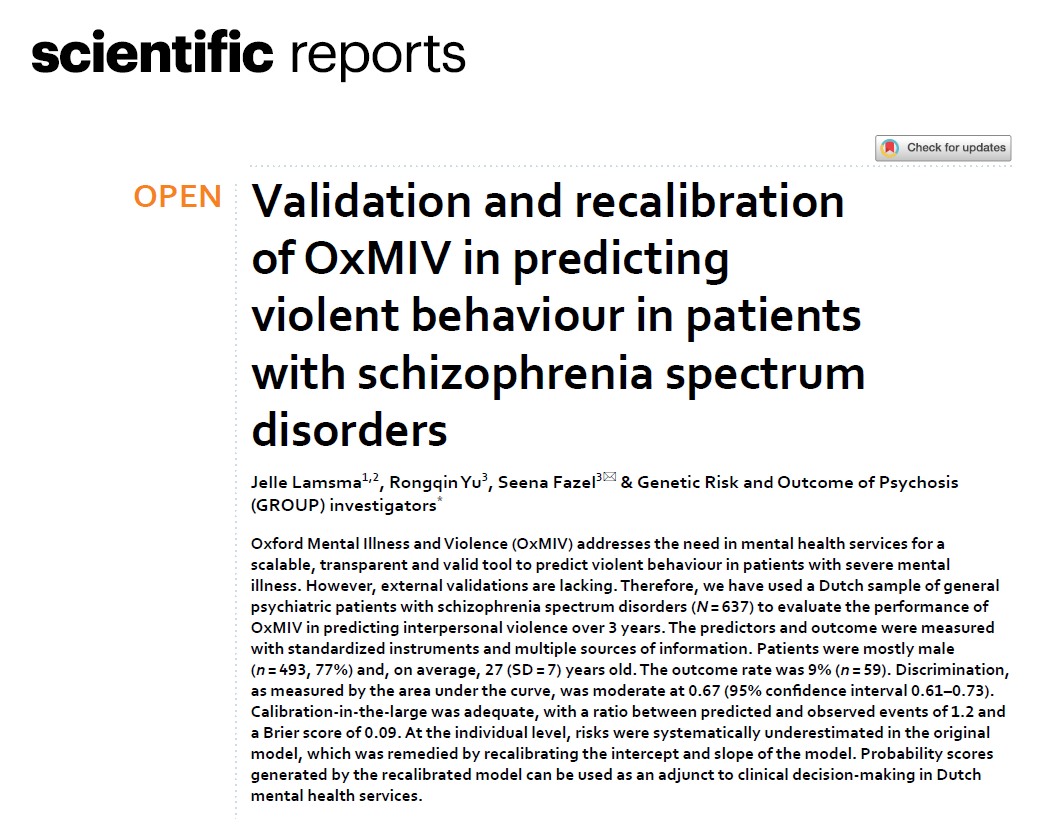 Our external validation of the OxMIV tool using Dutch sample of general psychiatric patients with schizophrenia spectrum disorders. We evaluated the performance of OxMIV in predicting interpersonal violence and found adequate discrimination and calibration.