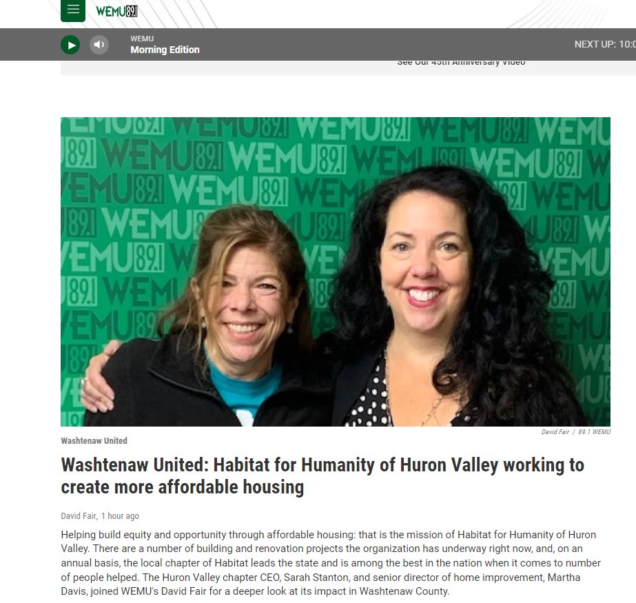 Listen to our CEO, Sarah Stanton, and our Senior Director of Home Improvement,  Martha Davis, share the many things Habitat is doing in our community on WEMU.

wemu.org