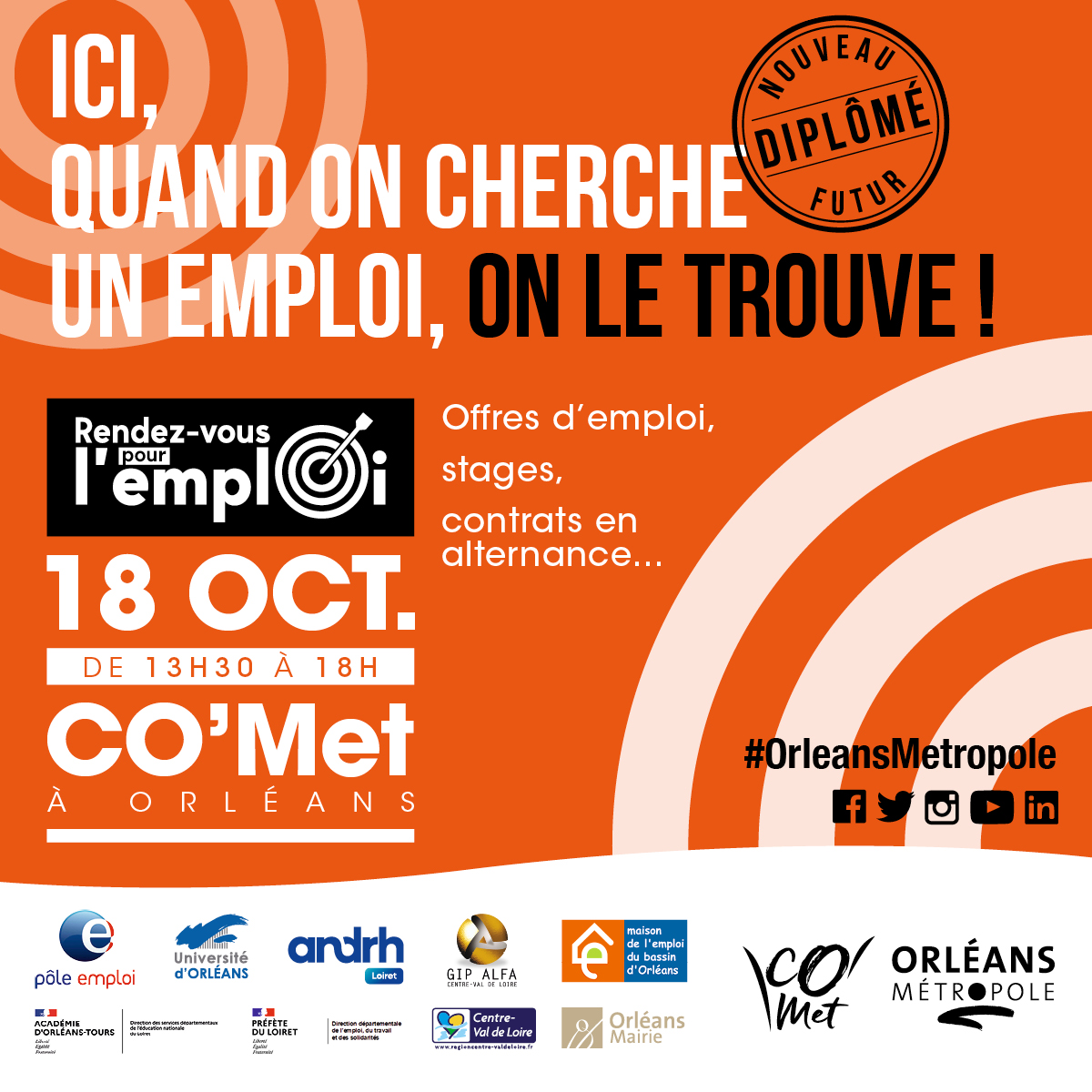 𝘾'𝙚𝙨𝙩 𝙙𝙚𝙢𝙖𝙞𝙣 !! 🥳
Le Rendez-vous pour l'emploi c'est le 18 octobre de 13h30 à 18h00 au Parc des expositions de CO'Met. Offres d'emploi, de stages, contrats en alternance… vous y attendent ! 🕺🤝