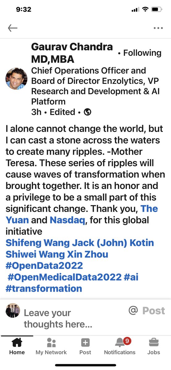 AOG172's tweet photo. $ENZC #ENZC #AI #OpenMedicalData
I alone cannot change the world, but I can cast a stone across the waters to create many ripples. -Mother Teresa. These series of ripples will cause waves of transformation when brought together. -Gaurav Chandra MD, MBA https://t.co/gAFyQSBhyb