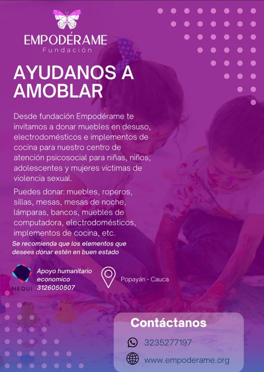 Estamos abriendo un centro de atención y acompañamiento para niños, niñas y adolescentes víctimas de violencia sexual en Popayán, pero necesitamos de tu ayuda. Ayúdanos a ayudar 💜
