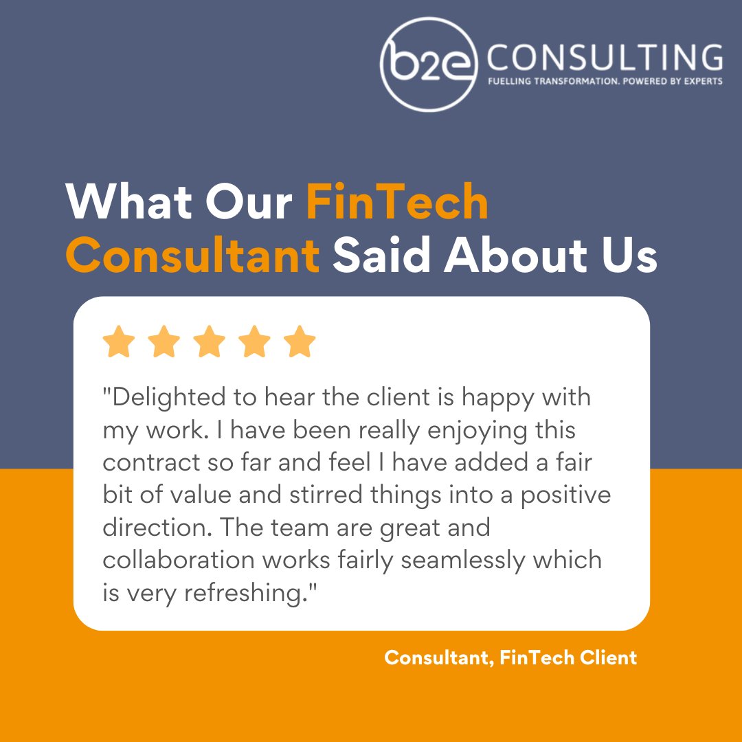 b2econsulting's tweet photo. This week we would love to share some recent feedback from one of our FinTech consultants. Thank you!
More reviews can be viewed on Trustpilot where we regularly receive 5 Stars: https://t.co/6Q0lUNHdjV https://t.co/RWqBFsGsKs