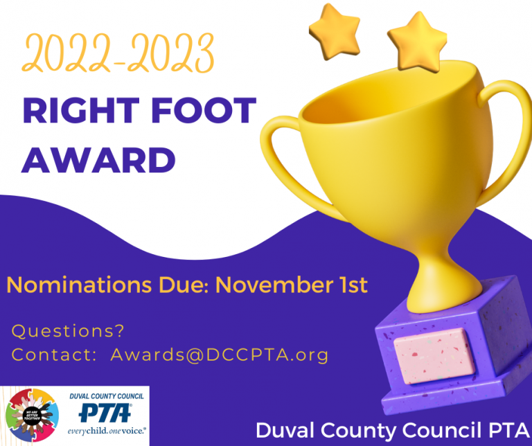 Nominations for the Right Foot Award are due November 1st!
 
Learn more and download the application here: dccpta.org/2022/09/05/dcc… 

Email Awards@DCCPTA.org with any questions you might have  #DuvalCounty #DUUUVAL