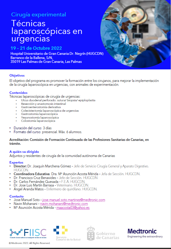 navinmohanani's tweet photo. Los próximos 19 al 21 de Octubre, tendrá lugar el primer curso organizado por #Medtronic en cirugía experimental (Técnias Laparoscópicas en Urgencias) en las instalaciones de la Unidad de Investigación en el Hospital de Gran Canaria Dr. Negrín #HUGCDN #SCS. #Medtronicemployee https://t.co/EeSSVU1FrJ