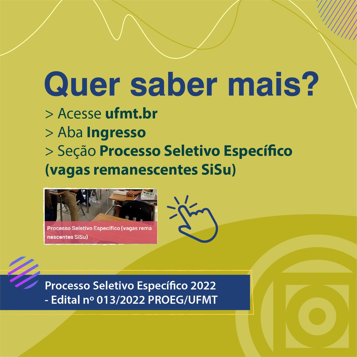 UFMT's tweet photo. ✨ UFMT abre inscrições para vagas remanescentes do Sisu

➡️ Saiba mais: https://t.co/0aIRLsr5ft

#UFMT #MatoGrosso #SiSU #vagas #graduação #educação #ensino #universidade #pública https://t.co/syLk3Xfdfd