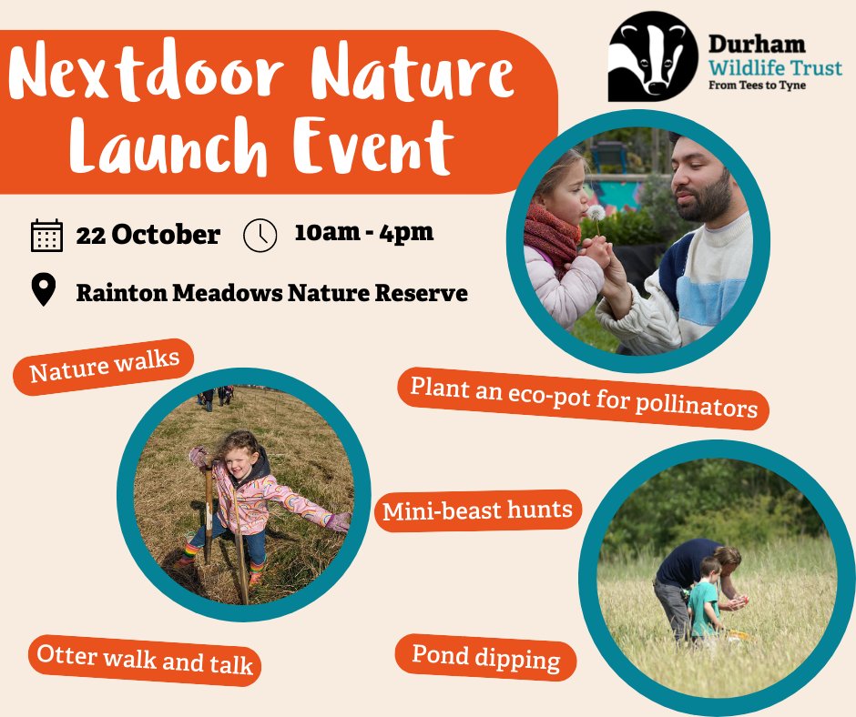 durhamwildlife's tweet photo. There's still time to book onto this FREE event, taking place on Saturday (22nd Oct). Join in the fun &amp; learn about #NextdoorNature -
🌳 Nature walks
🐞 Mini-beast hunts
🐸 Pond dipping
🐝 Plant an eco-pot for pollinators
🦦 Otter walk &amp; talk
🖱 Book now: https://t.co/QDaaJrTzaM https://t.co/UJOL55lckG
