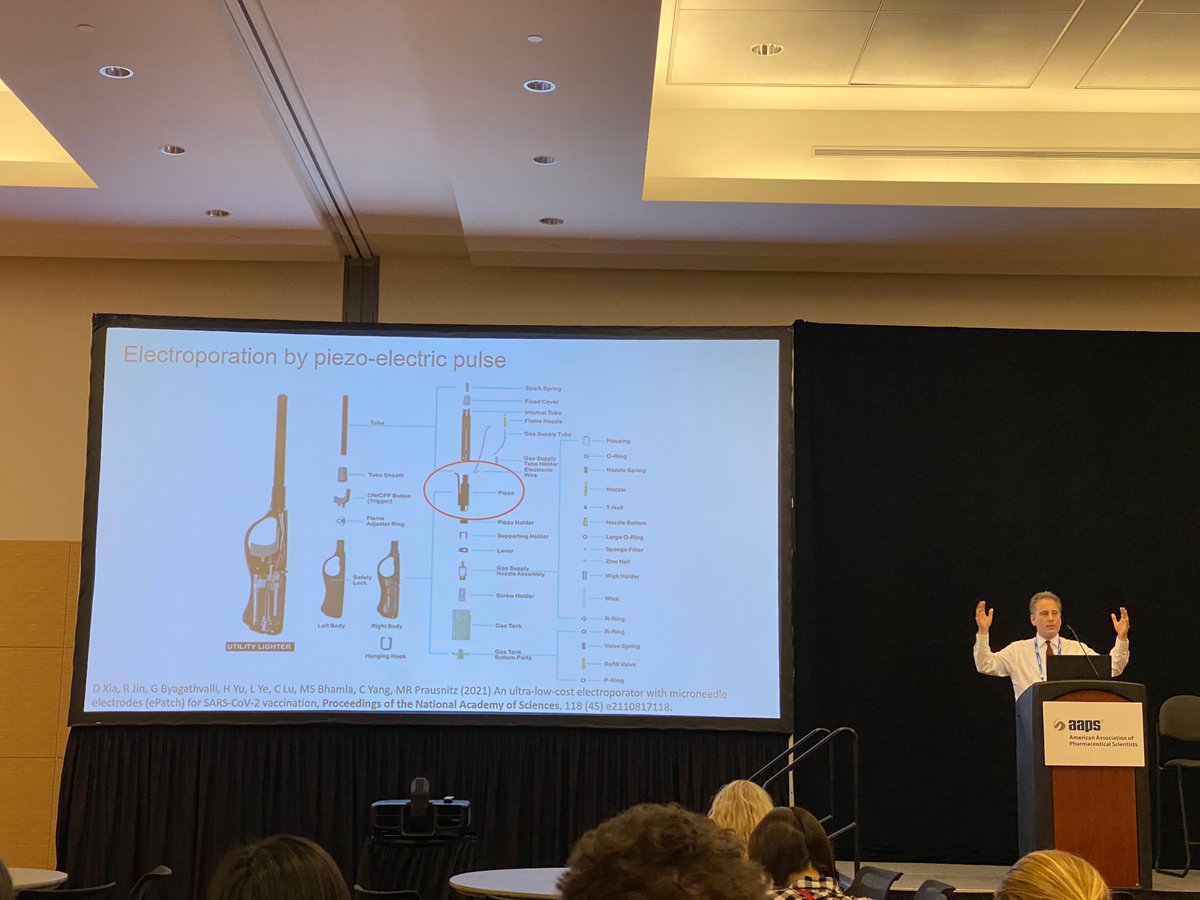mackyavalley's tweet photo. Here we go! First up @MarkPrausnitz showcasing dissolvable patches to deliver MMR and Flu vaccines, currently at phase-2 Clin trial. Using a piezo electric component to open up skin membrane for DNA vaccine delivery! @TRI_info @yousufuq #PharmSci360 https://t.co/hu7ZXynyDb