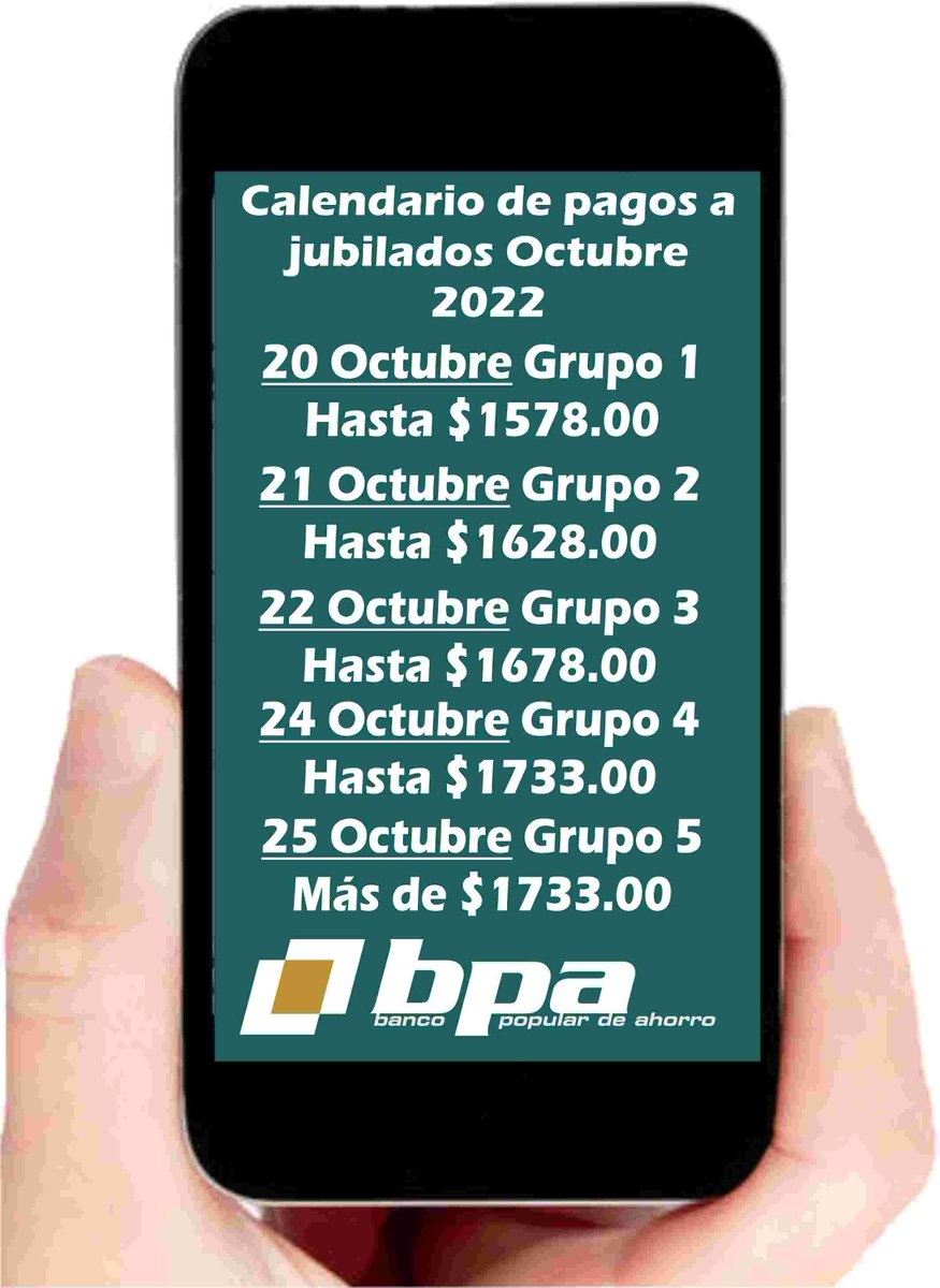 CubaBPA's tweet photo. 🇨🇺𝙀𝙡 𝘽𝙖𝙣𝙘𝙤 𝙋𝙤𝙥𝙪𝙡𝙖𝙧 𝙙𝙚 𝘼𝙝𝙤𝙧𝙧𝙤 𝙞𝙣𝙛𝙤𝙧𝙢𝙖 𝙚𝙡 𝙘𝙖𝙡𝙚𝙣𝙙𝙖𝙧𝙞𝙤 𝙙𝙚 𝙥𝙖𝙜𝙤 𝙖 𝙡𝙤𝙨 𝙟𝙪𝙗𝙞𝙡𝙖𝙙𝙤𝙨 𝙙𝙚𝙡 𝙢𝙚𝙨 𝙙𝙚 𝙤𝙘𝙩𝙪𝙗𝙧𝙚. @BarbaritaM4 @marta_wilson @mayobrebcc @AlinoKaterine @RPolancoF @QueipoRuiz @PresidenciaCuba @Rubinelson https://t.co/ZKv3rcTHc4