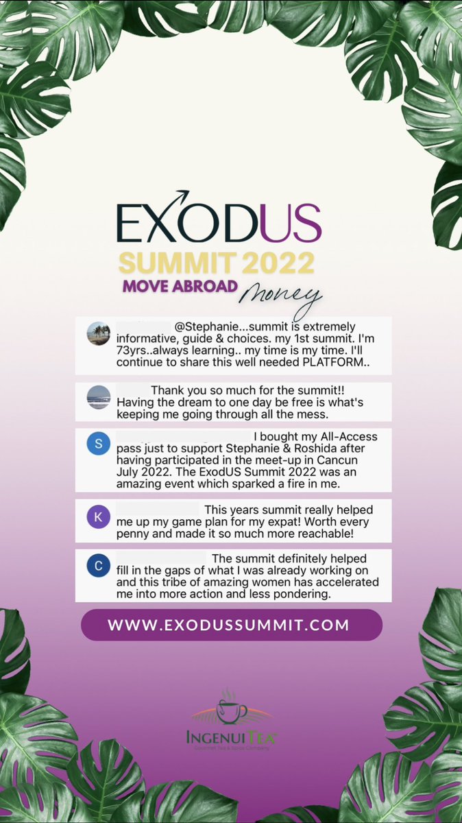 ExodusSummit's tweet photo. Our community is sharing. Still time to upgrade to the All Access Pass for 1 year replay access OR if@you missed it purchase the replays Link in Bio #blackexpats #blackdigitalnomads #exodussummit #exodussummit2022 #moveabroadmoney
#sabbatical #blackentrepreneurs
#blackandabroad https://t.co/aN5W0xW89m
