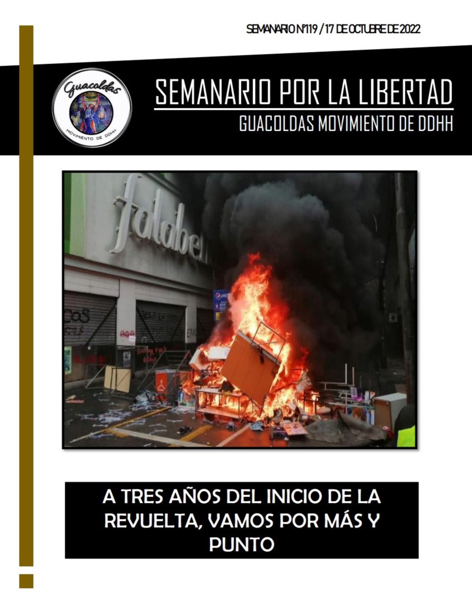 AGuacoldas's tweet photo. ESTIMADOS/AS:
COMPARTIMOS CON USTEDES EL SEMANARIO POR LA LIBERTAD N° 119, TITULADO “A TRES AÑOS DEL INICIO DE LA REVUELTA, VAMOS POR MÁS Y PUNTO”

PARA VER Y/O DESCARGAR SEMANARIO LO PUEDE HACER EN EL SIGUIENTE LINK:
https://t.co/7gliASrbeu

¡¡SALUDOS!! https://t.co/7bkOL13Szw