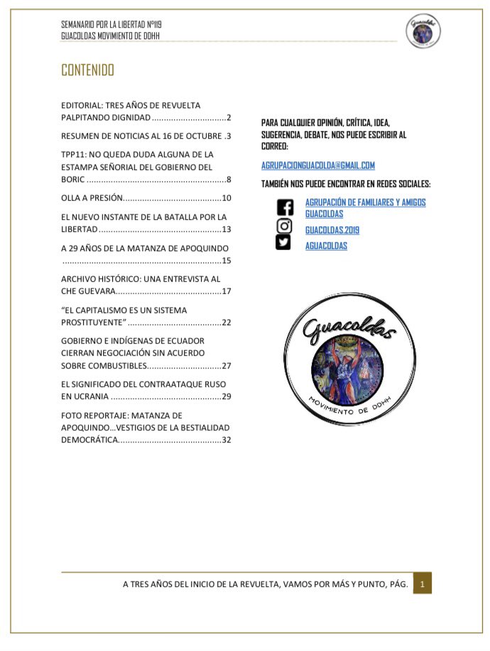 ESTIMADOS/AS:
COMPARTIMOS CON USTEDES EL SEMANARIO POR LA LIBERTAD N° 119, TITULADO “A TRES AÑOS DEL INICIO DE LA REVUELTA, VAMOS POR MÁS Y PUNTO”

PARA VER Y/O DESCARGAR SEMANARIO LO PUEDE HACER EN EL SIGUIENTE LINK:
semanariolibertad.files.wordpress.com/2022/10/semana…

¡¡SALUDOS!!