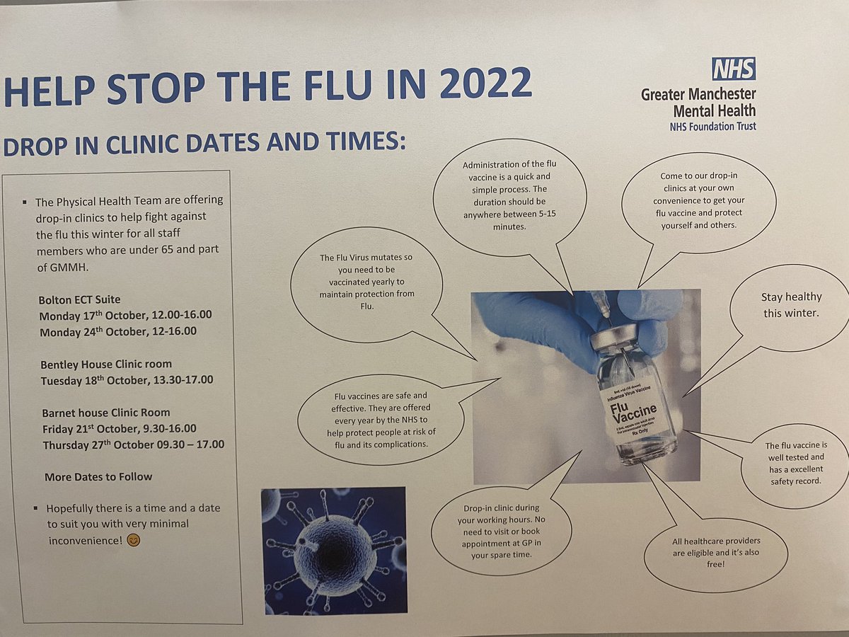 LauraLarkinRMN's tweet photo. Come and see Lesley and Chloe in Boltons ECT Suite for your flu Vaccine ๐ Help Stop Flu in 2022 #FluCampaign #Flu #protecttheNHS @FionaLJ3000 https://t.co/1Pu1k4I1G1